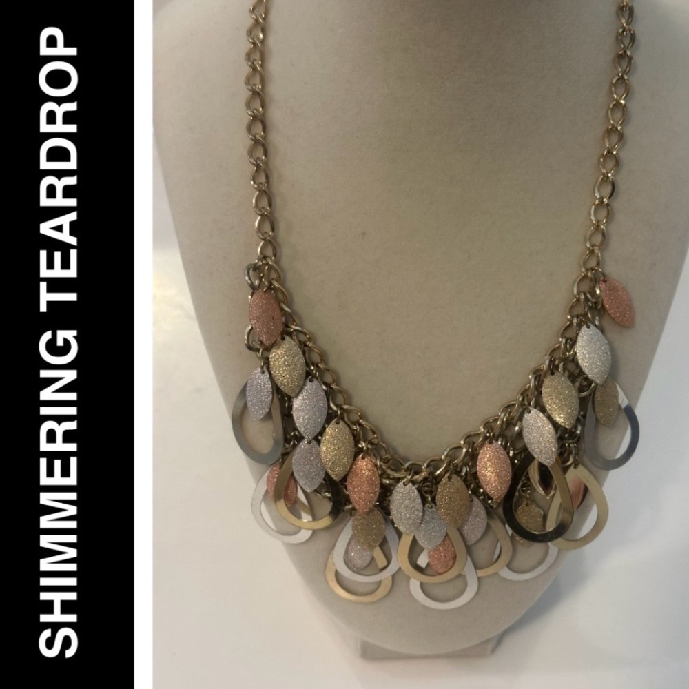 Multi-Tone Shimmer Leaf & Teardrop Metal Light Bib Statement Extender Necklace - Picture 10 of 10